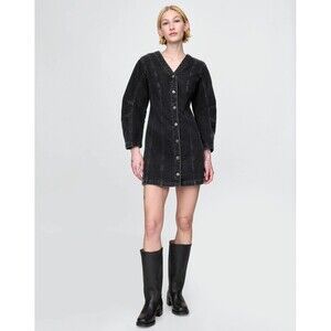 New Gap Long Barrel Sleeve Denim Mini Jean Dress Black Button Front Small NWT